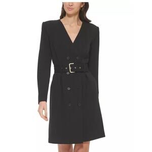 CALVIN KLEIN Belted Double-Breasted Blazer Wrap Dress Size 10 Black Workwear